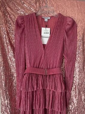 Sabina Musayev Rose Metallic Pleated Tiered V‑Neck Long Sleeve Dress